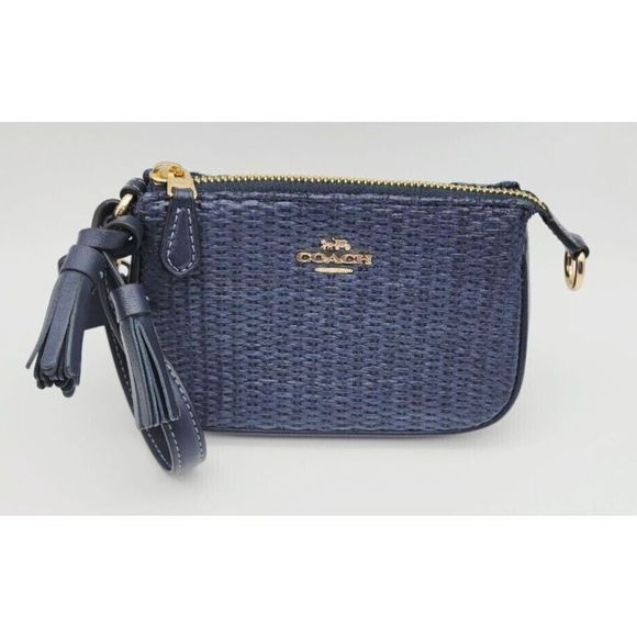 Coach CH215 Mini Midnight Navy Nolita Straw/Leather Clutch Purse Handbag $188 - Picture 1 of 7